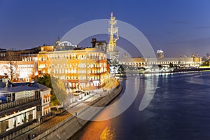 Moskow Moskva River embankment and the Peter the Great Statue, Moskow, Russia