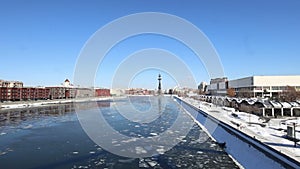 Moskow Moskva River embankment and the Piter the Thirst Monument, Russia winter day