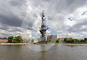 Moskow Moskva River  and the Peter the Great Statue, Russia. View from tourist pleasure boat.