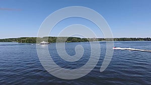 Moskow, Russia - MAY 15, 2018 amphibious vehicle , WaterCar Panther , Red Car , swimming on the river by car