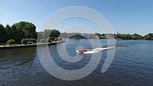 Moskow, Russia - MAY 15, 2018 amphibious vehicle , WaterCar Panther , Red Car , swimming on the river by car