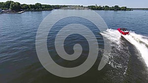 Moskow, Russia - MAY 15, 2018 amphibious vehicle , WaterCar Panther , Red Car , swimming on the river by car