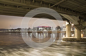 Moskva River, Luzhnetskaya Bridge Metro Bridge on a winter evening. Moscow, Russia