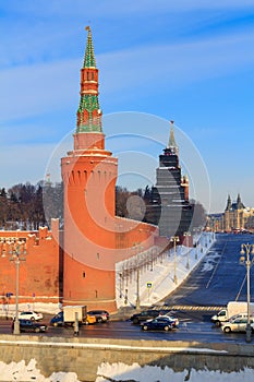 Moskvoretskaya tower of the Moscow Kremlin and Red square in sunny winer day