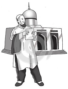 Mosleem man in front mosque balck and white illustration photo