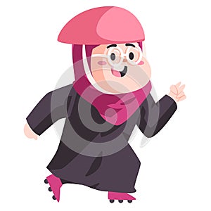 Moslem girl kids woman with helmet and pink hijab is running by inline skates to be healthy modern cartoon flat color isolated