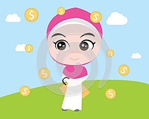 A moslem girl like shopping with shopping bags and gold money coins