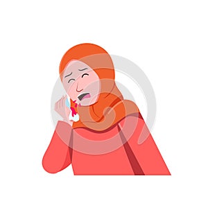 moslem hijab woman cartoon blood cough hemoptysis lung disease inflammation injury virus healthcare medical illustration