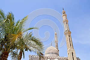 Moslem Islamic prayer mosque, liturgical architectural structure with high towers, domes and spiers against the blue sky and green