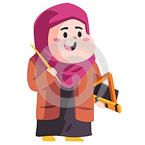Moslem woman teacher with pink hijab holding school utensils modern cartoon color isolated background vector illustration