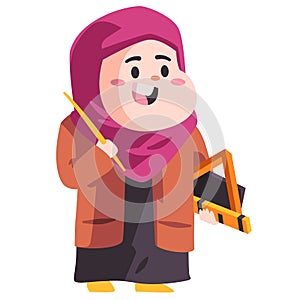 moslem woman teacher with pink hijab holding school utensils modern cartoon color isolated background vector