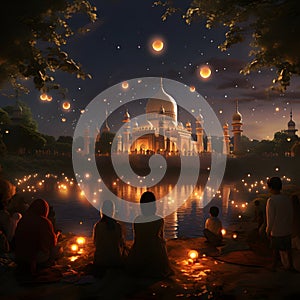 mosque adorned with lights and decorations during an Eid night