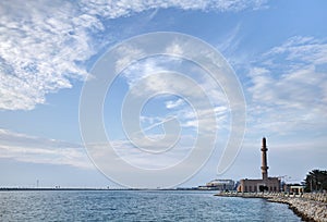 Mosque at Al Ghous Park, Muharraq corniche in the evening, Bahrain