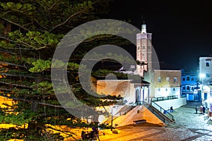 The mosque of Al Kasba in Chefchaouen city by night