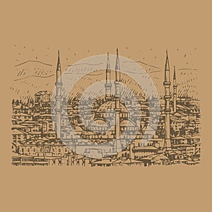 Mosque. Ankara,Turkey. Vector outline illustration