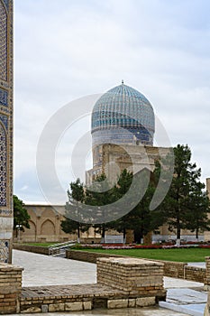 The mosque with Arabic ancient writings in the Bibi Khanum building complex of the 15th century in Samarkand, Uzbekistan photo