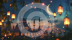 Mosque with Arabic lanterns on the background of the night sky with the moon, Ramadan