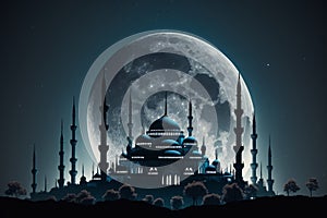 Mosque on the background of the full moon. Generative AI