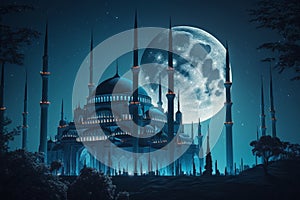 Mosque on the background of the full moon. Generative AI