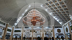 Mosque Baitul Izza& x27;s interior. Beautiful chandelier.
