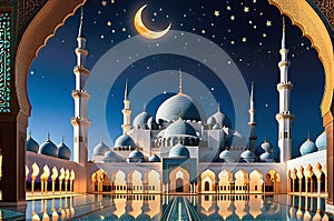 Mosque Beneath the Crescent Moon: Graceful Minarets and Devout Worshippers