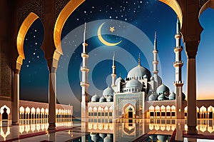 Mosque Beneath the Crescent Moon: Graceful Minarets and Devout Worshippers