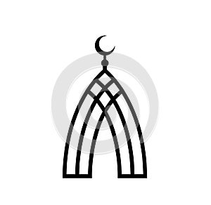 Mosque of black lines. Islam symbol. Islamic crescent vector icon. Muslim religion flat logo template. Religion house