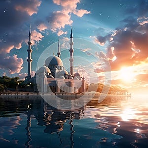 Mosque building with minarets, over water, sunset. Mosque as a place of prayer for Muslims