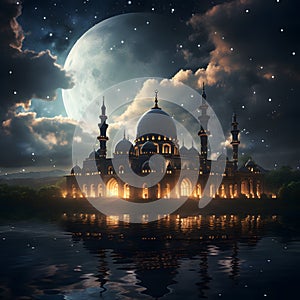 mosque building\'s intricate architecture silhouetted against the night sky