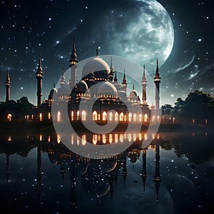 mosque building\'s intricate architecture silhouetted against the night sky