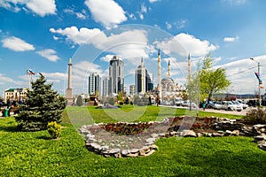 Mosque, Central park and high-rise buildings in Grozny City.