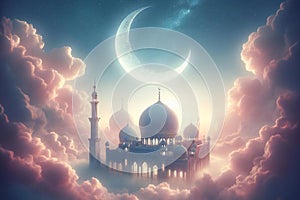 mosque in clouds with a crescent moon in gentle pastel colors, ramadan concept.
