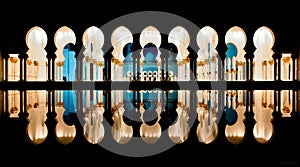 Mosque columns reflecting in the water at night