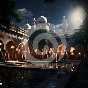 a mosque courtyard bathed in the gentle glow of the moonlight