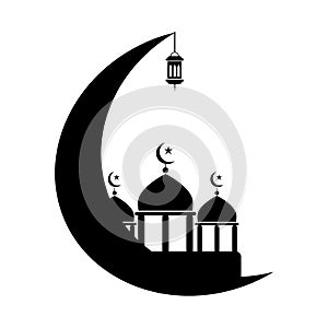 Mosque with crescent and Lantern. Black and white pictogram depicting Islamic Muslim mosque lanterns crescent. Ramadan Festive