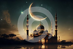 A mosque with a crescent moon and stars on the night sky