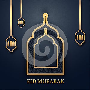 Mosque in door and hanging lanterns on arabic pattern background