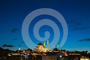 Mosque at dusk. Suleymaniye Mosque and blue sky at dusk in Istanbul