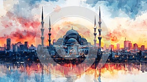 mosque, eid mobarak theme, watercolor