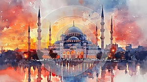 mosque, eid mobarak theme, watercolor