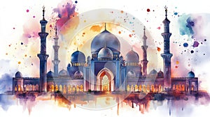 mosque, eid mobarak theme, watercolor