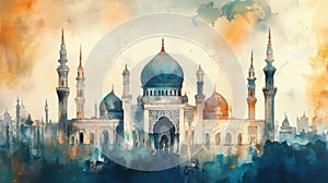 mosque, eid mobarak theme, watercolor