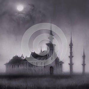 Mosque in the fog in the moonlight in ramadan kareem