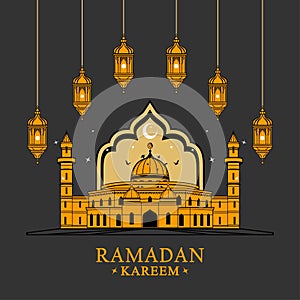 mosque gold with lantern yellow ramadan kareem elegance greeting card vectoar illustration