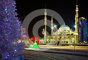 Mosque The Heart of Chechnya and Grozny city at night