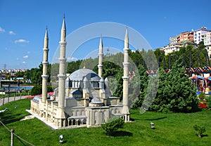 Mosque with high minarets in the park Miniaturk in Istanbul, Turkey