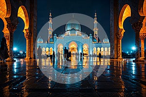 A mosque illuminated at night during Ramadan, with worshippers arriving for prayers, the scene conveying a sense of community and