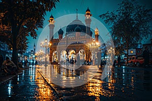 A mosque illuminated at night during Ramadan, with worshippers arriving for prayers, the scene conveying a sense of community and