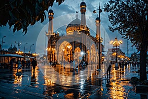 A mosque illuminated at night during Ramadan, with worshippers arriving for prayers, the scene conveying a sense of community and