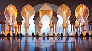 A mosque interior with rows of worshippers performing photo